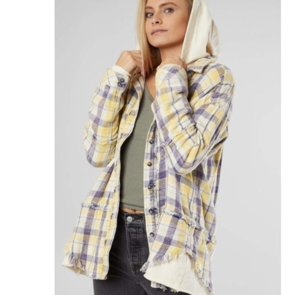 Free People Tops - Free People Calico Basin Plaid Hooded Shirt Medium
